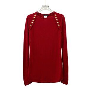 Balmain Red Long-Sleeved Sweater With Gold Button Details Size XXS (34) 100% Vis